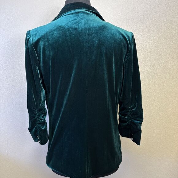 Skies Are Blue NWT Blazer Womens XS Ruched 3/4 Sleeve Velvet Open Front Green - Picture 8 of 13